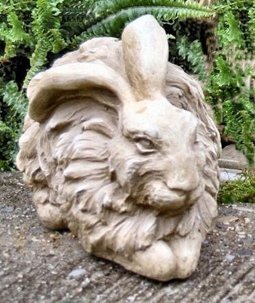 Cement Outdoor Bunny Statue - Angora Rabbit Resting Sculpture